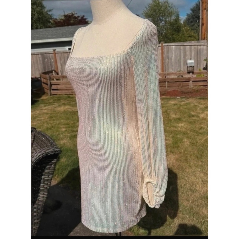 Speechless Iridescent White Sequin Mini Dress Square Neck Balloon Sleeve Medium